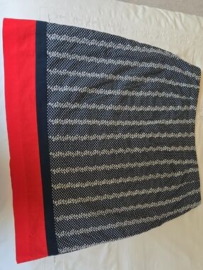 Talbots Navy Printed Midi Skirt with Red and Navy Border.